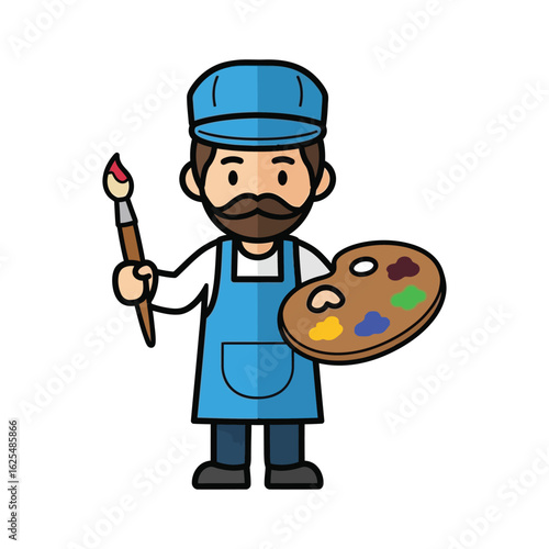 Cartoon artist holding a paintbrush and paint palette, wearing a blue apron and hat.