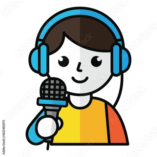 Cartoon illustration of a girl with headphones and microphone, likely a singer or podcast host.