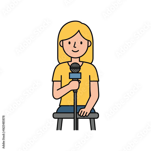 Smiling woman holding a microphone, seated, ready to speak.