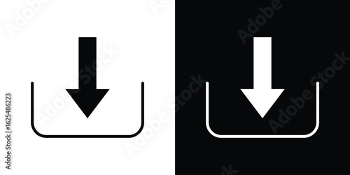 Download icon collection. Black and white filled vector illustration.