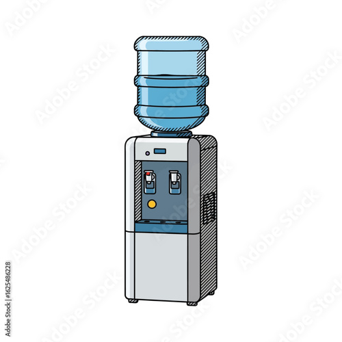Illustration of a water cooler dispenser with a large water bottle on top.