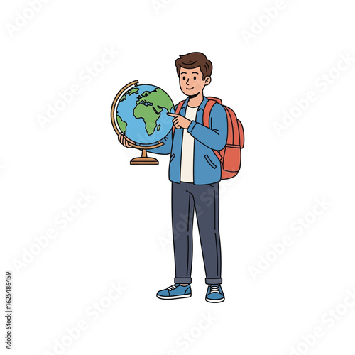 Young man pointing at a world globe, symbolizing global education, geography, and travel. Vibrant vector illustration perfect for learning and discovery themes.