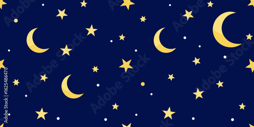 A seamless pattern of golden stars and a bright moon illuminates the dark winter night sky