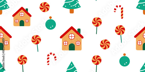 Seamless pattern set with cartoon Christmas trees and houses decorated for a holiday celebration