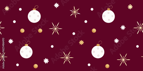 Seamless holiday pattern featuring festive Christmas decorations, stars, and snowflakes on a wintery background