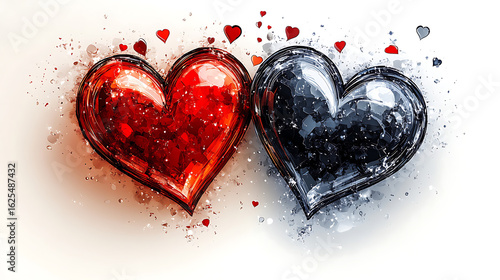 Two Intertwined Glass Hearts Red and Black Love Abstract