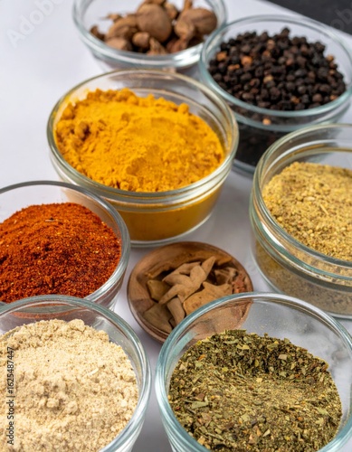 Spice Collection Featuring Turmeric Ginger Pepper and Various Aromatic Herbs in Glass Bowls