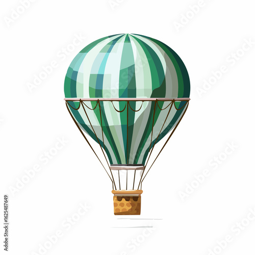Vintage green striped hot air balloon illustration for travel and adventure concepts. Classic aerostat vector graphic isolated on a white background.
