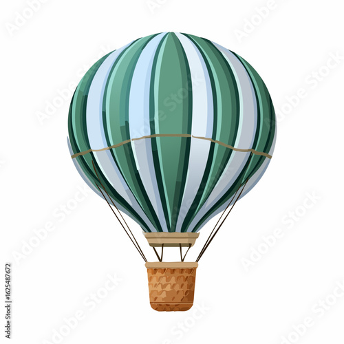 A classic hot air balloon with green and white vertical stripes shown in a detailed illustration. A vintage aerostat concept for travel and adventure.