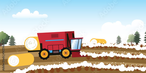 cotton harvesting machine vector illustration, cotton harvester on cotton field, textile manufacture industry concept