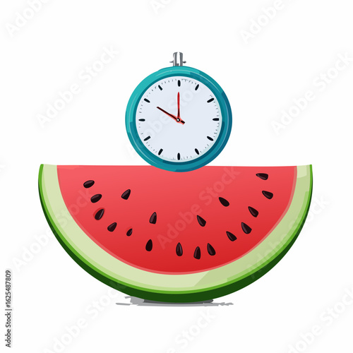 A conceptual illustration symbolizing summer time and healthy eating with a clock resting on a fresh slice of watermelon.