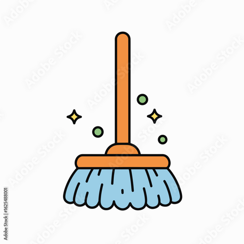 Cleaning broom with blue bristles and sparkles on white background  
