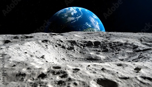 Earth rise over the lunar landscape.