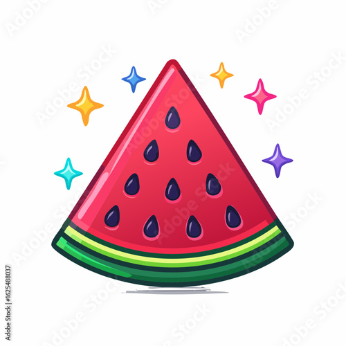 Vibrant cartoon illustration of a sparkling watermelon slice. A cute, juicy, and magical summer fruit icon isolated on a white background.