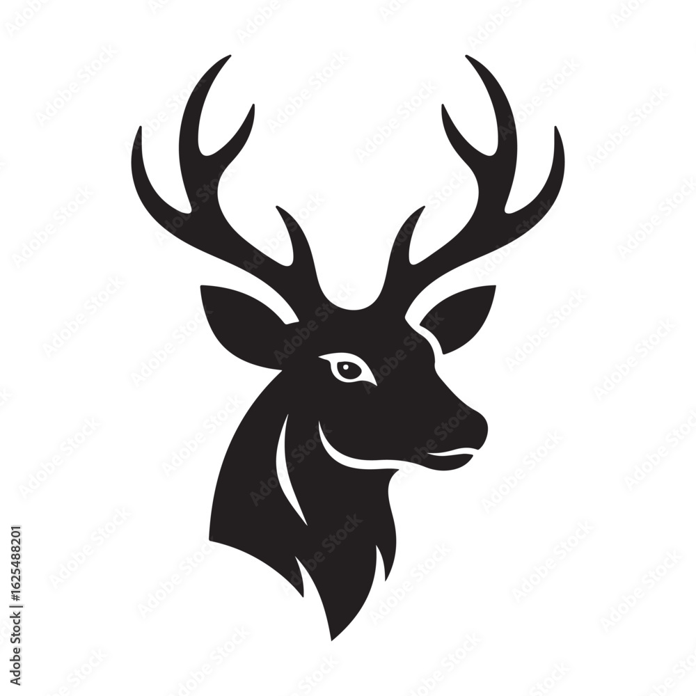 Naklejka premium Deer Head Icon with Antlers - Black Silhouette Vector Isolated on White Background