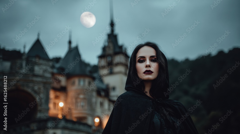 Fototapeta premium A Halloween-themed portrait of a woman with dark makeup and gothic vampire-inspired outfit.