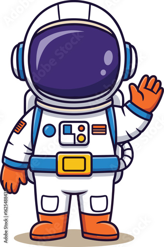 Cartoon astronaut waving hand, white spacesuit with blue accents, orange details, dark visor helmet, cute space character, vector illustration, patch design
