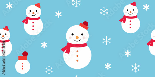 A cute snowman wearing a hat and scarf stands beside a decorated Christmas tree in a happy winter holiday scene