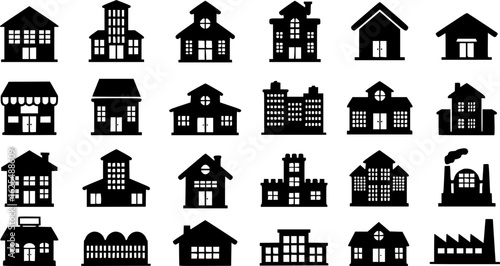 A set of building icon. black silhouette on a white background