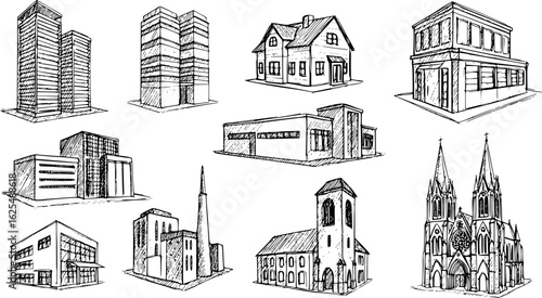 A set of building icon. black silhouette on a white background