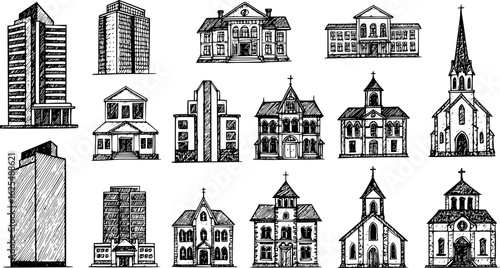 A set of building icon. black silhouette on a white background
