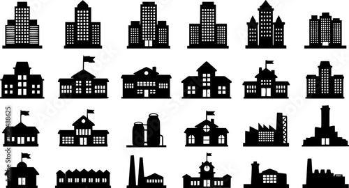 A set of building icon. black silhouette on a white background
