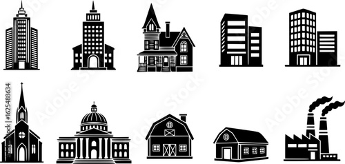 A set of building icon. black silhouette on a white background