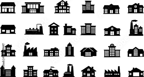 A set of building icon. black silhouette on a white background