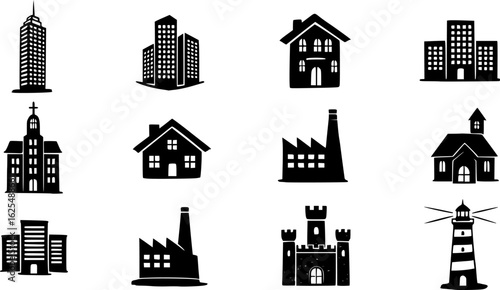A set of building icon. black silhouette on a white background