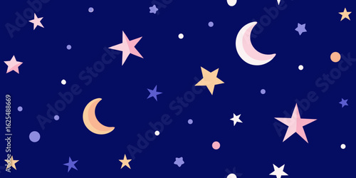 A starry winter night sky with a bright cartoon moon and yellow Christmas decorations