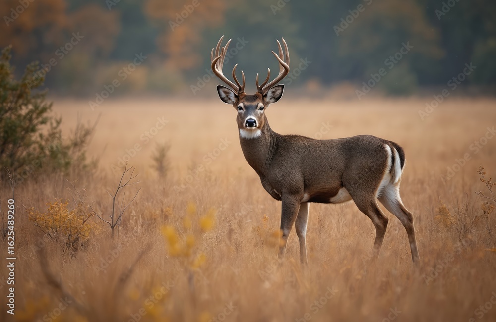 Majestic male White-tailed Deer buck stands alert in golden autumn meadow. Large antlers, attentive gaze capture of wilderness. Mammal perfectly posed amidst dry grass, blurred foliage, natural Majestic male White-tailed Deer buck stands alert in golden autumn meadow. Large antlers, attentive gaze capture of wilderness. Mammal perfectly posed amidst dry grass, blurred foliage, natural