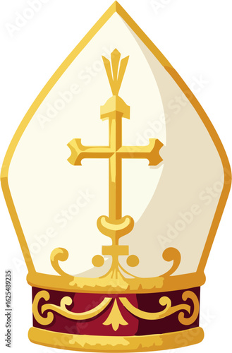 Elegant Vector Bishop’s Mitre with Ornate Golden Cross – Religious Ceremonial Hat Illustration