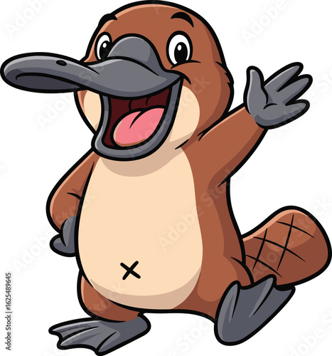 Cartoon platypus character, waving hand, smiling animal, brown body, beige belly, flat tail, friendly design, cute illustration, vector art
