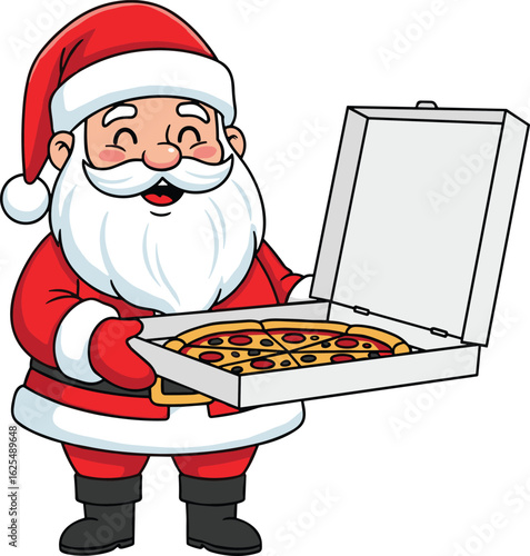 Cartoon Santa Claus holding pizza box, pepperoni pizza, festive holiday character, humorous Christmas food concept, vector illustration