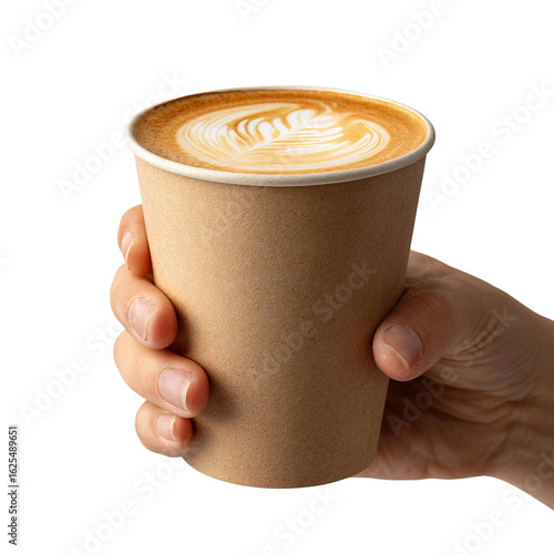 Aromatic coffee latte art in disposable cup held by a hand against a black background