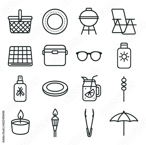 Summer picnic linear icons set. includes basket, grill, sunglasses, sunscreen, kebab, umbrella, tongs, torch, and more.