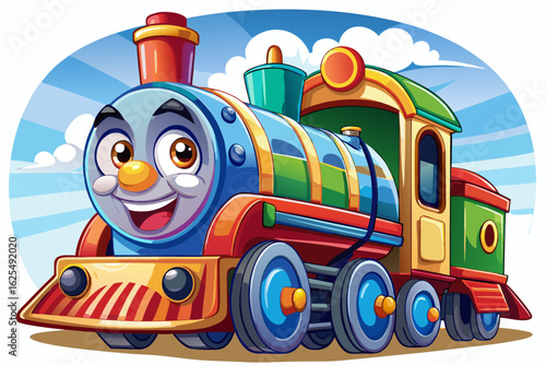 Colorful toy train isolated on a clear sky background. kids' product illustrations, nursery themes, transportation toys, or playful educational visuals.
