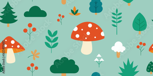 Seamless pattern of colorful cartoon mushrooms and fungi with leaves and grass on a vector background