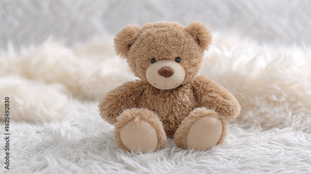 Cute plush teddy bear detailed stitching sitting on a white fur rug high resolution product photography style Cute plush teddy bear detailed stitching sitting on a white fur rug high resolution product photography style