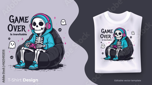 Skeleton sitting in a beanbag chair,  Wearing headphones and hoodie. Perfect for kawaii dark gamer t-shirts.