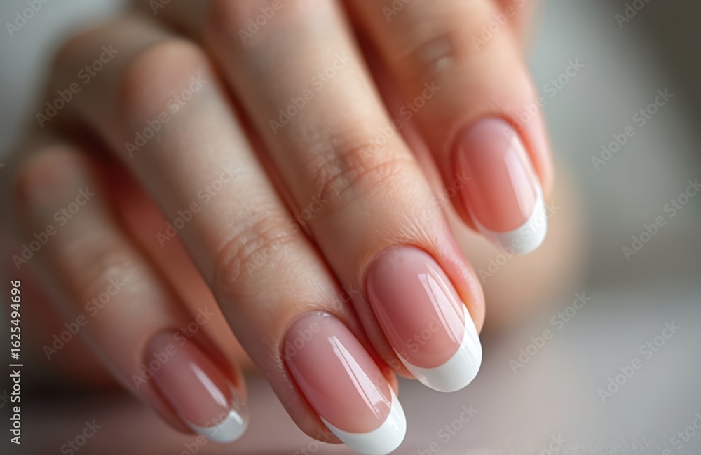 French manicure on woman hands. Classic white tips on natural pink base coat. Healthy, elegant nails. Close-up on fingers, skin care, beauty salon, spa treatment, nail art design. French manicure on woman hands. Classic white tips on natural pink base coat. Healthy, elegant nails. Close-up on fingers, skin care, beauty salon, spa treatment, nail art design.