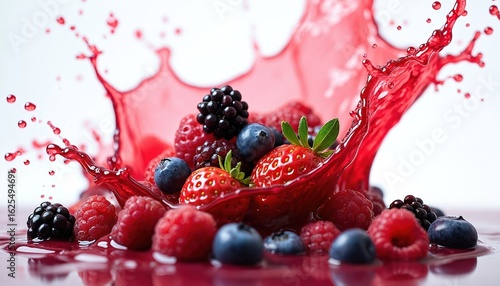 Mixed berries including strawberries, blueberries, raspberries, blackberries captured mid-splash in vibrant red juice. High-resolution food photography highlights fresh, juicy texture of summer