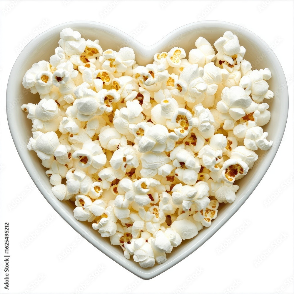 Heart-shaped bowl overflowing with popcorn Heart-shaped bowl overflowing with popcorn