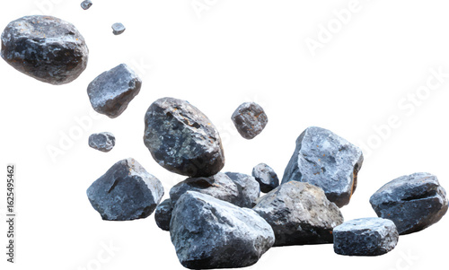 A group of rocks scattered on the ground, with some falling to one side and others floating in mid-air