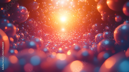 Abstract Tunnel of Glowing Spheres Red and Blue Light