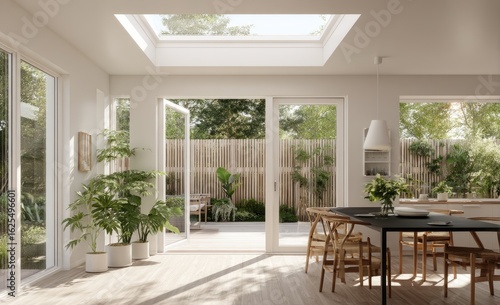 Bright, airy, modern room with garden view