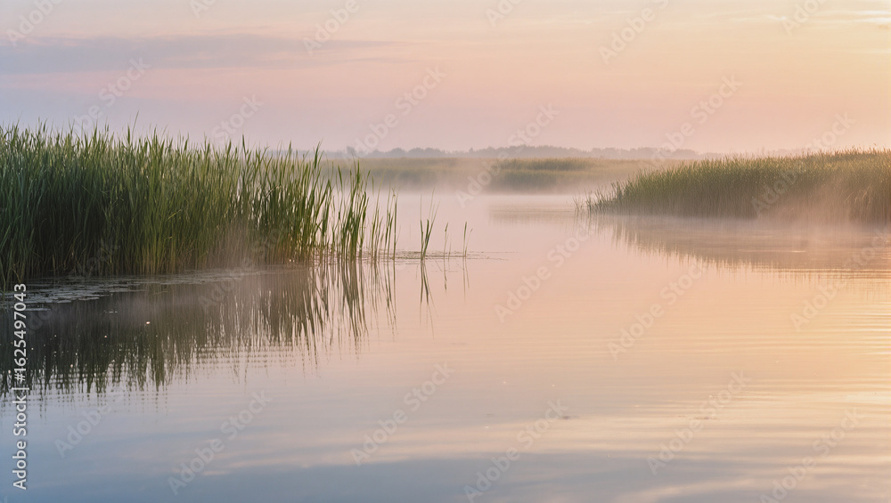 Obraz premium Misty morning over tranquil lake with reeds at sunrise
