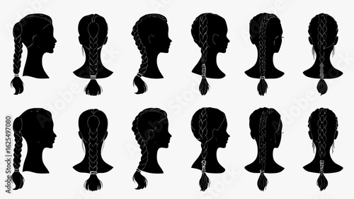 Black silhouettes of women with various braided hairstyles in a repeating pattern design element created with generated ai