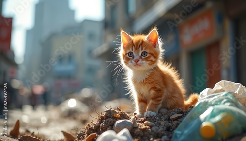 Fototapeta Naklejka Na Ścianę i Meble -  Playful orange kitten sits on urban garbage pile, surveying surroundings in sunlight. Fluffy fur highlights curiosity. Cute small pet exploring city streets amidst trash, suggesting stray animal