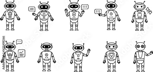 Sets of black robot smiling face icon. Futuristic cute help bots in minimalistic style.